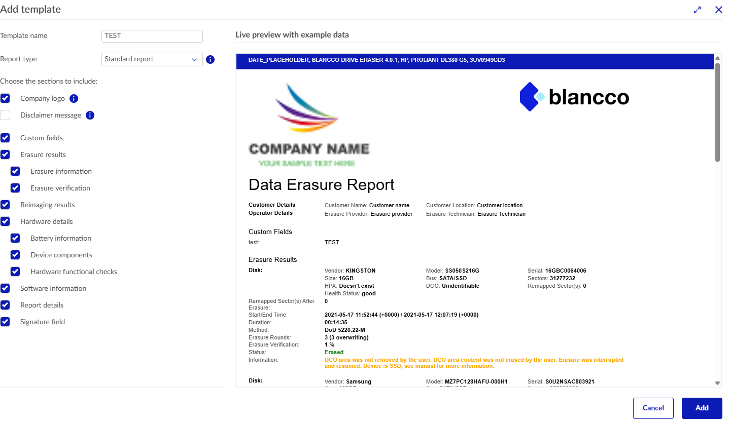 Blancco Management Portal · report template — Keep the evidence with the asset